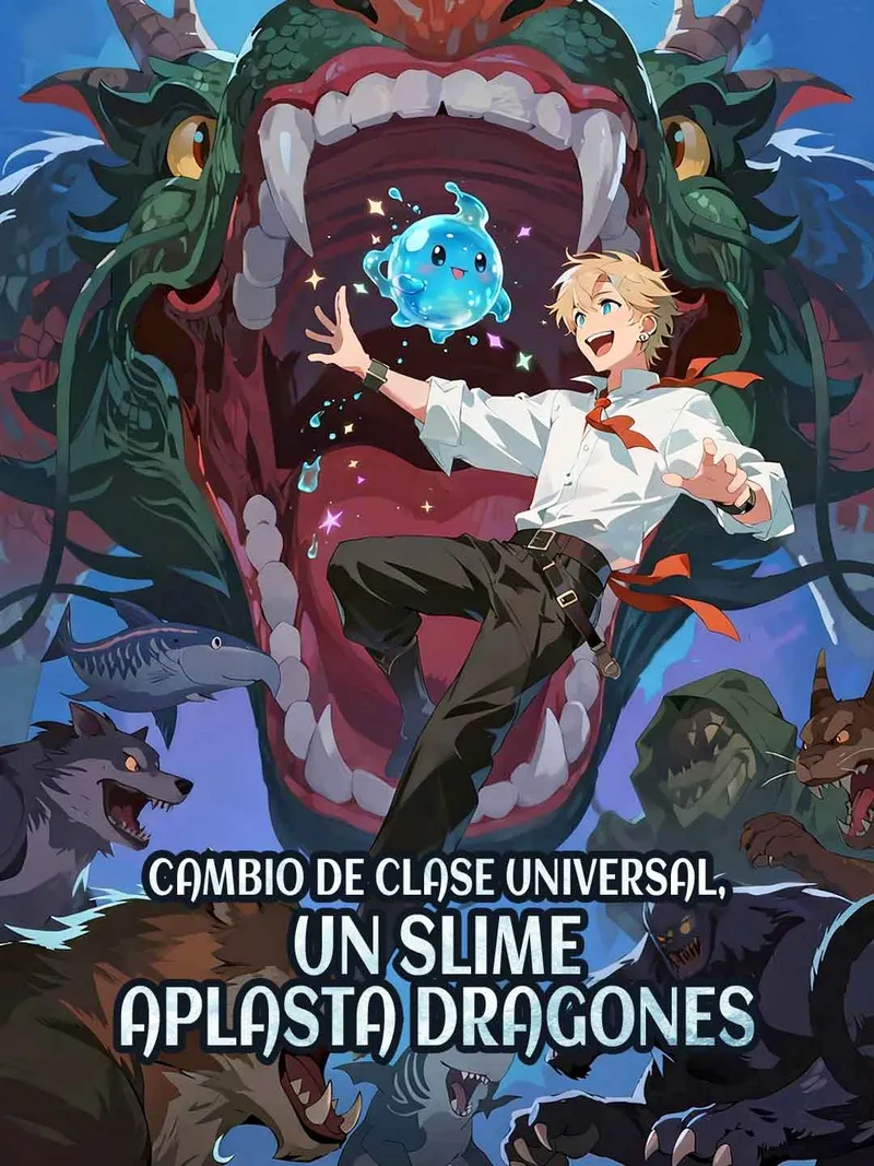 Portada de Cambio de clase universal, un slime aplasta dragones