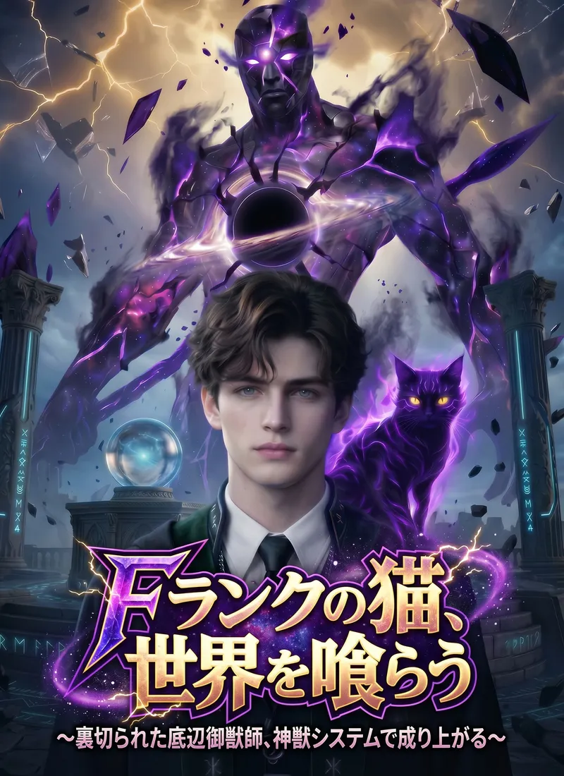 「Fランクの猫、世界を喰らう ～裏切られた底辺御獣師、神獣システムで成り上がる～」のカバー画像